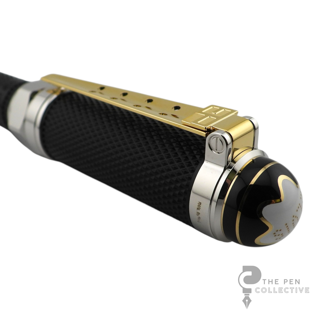The Pen Collective Montblanc Elvis Presley fountain pen cap featuring a black textured barrel and gold V-shaped clip.