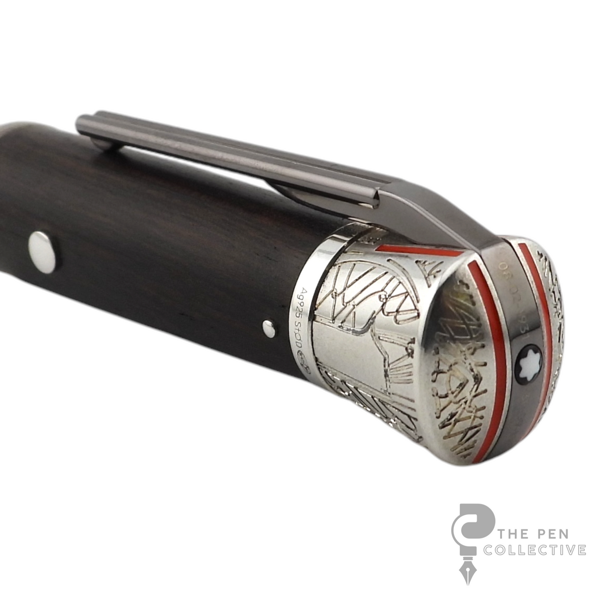 The Pen Collective Montblanc James Dean limited edition fountain pen featuring a dark wood cap and engraved silver trim.