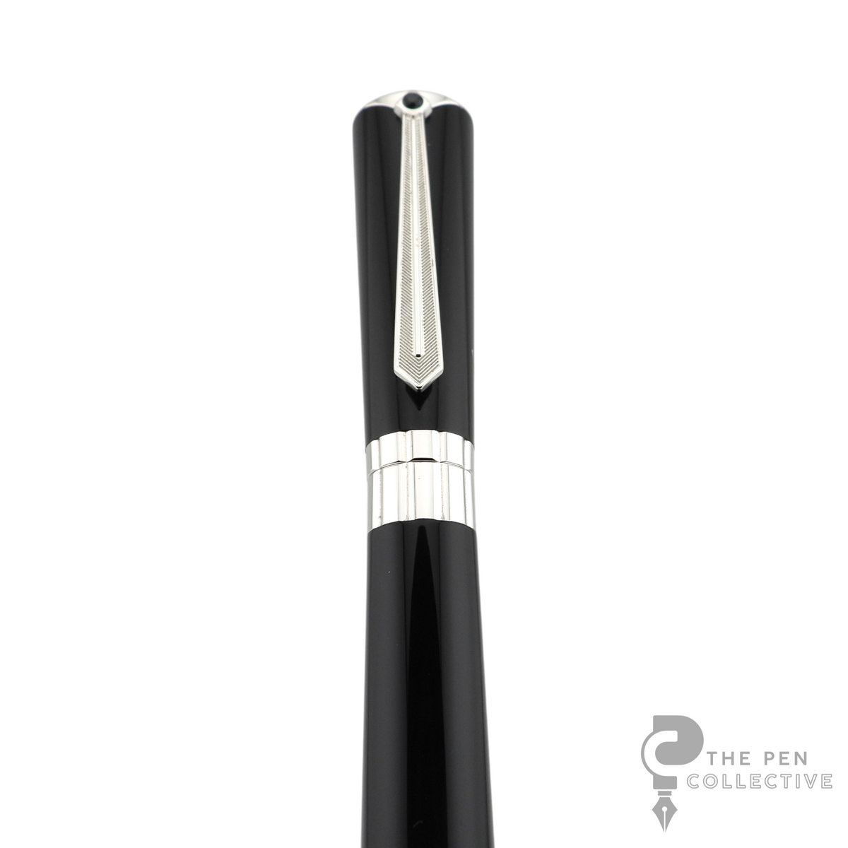 The Pen Collective Montblanc Muses Marlene Dietrich fountain pen featuring a black resin barrel and necktie clip.